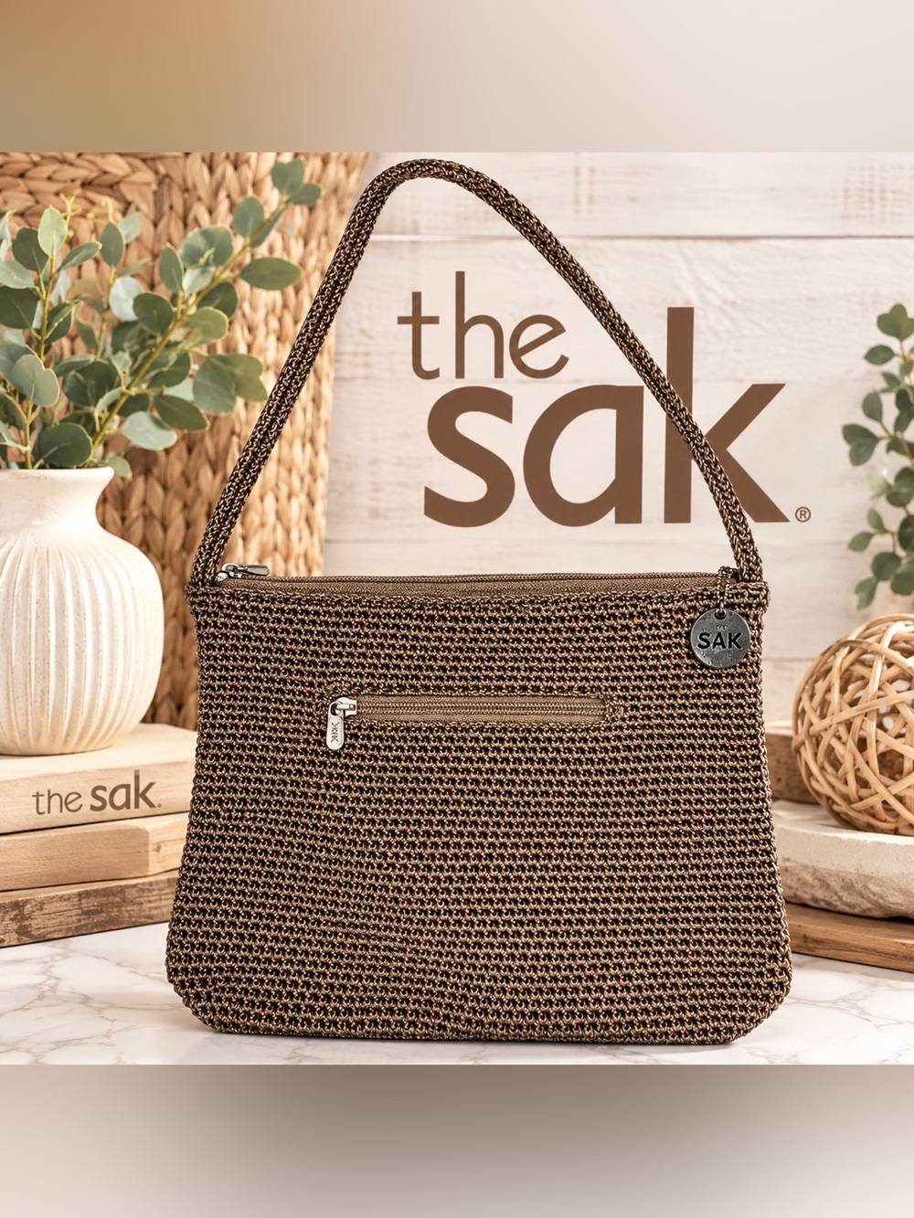 🤎 The Sak Classic Crochet Shoulder Bag – Metallic Taupe Bronze Boho